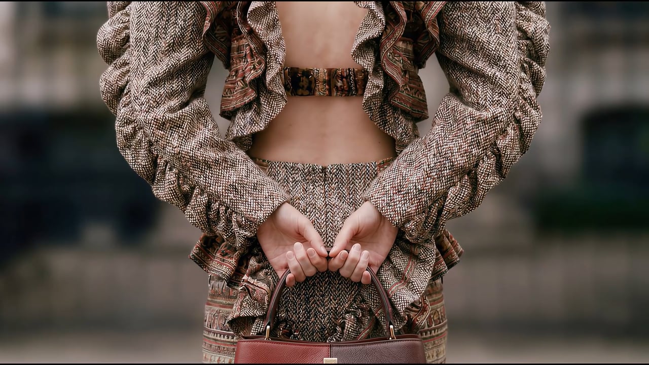Hands resting against a sequinned garment, a frame from Célune