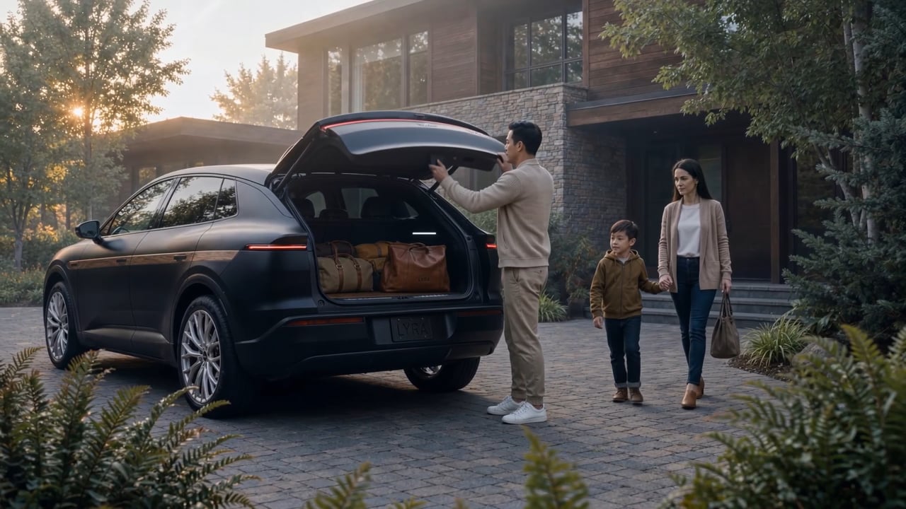 A family loading a car outside their home at dawn, a frame from Lyra Eos